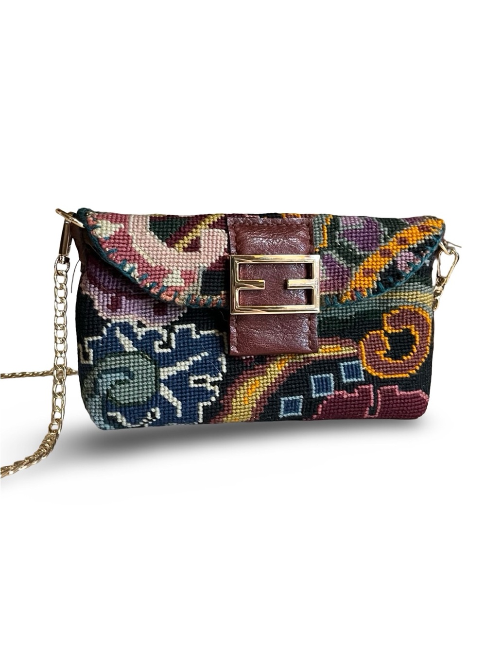Vintage Tapestry Needlepoint Bag with Detachable Gold Chain Strap Handmade